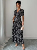 Elenzga Women's Elegant French Style Vacation Loose V-Neck Drop Shoulder Ruched A-Line Maxi Dress, Suitable For Beach, Afternoon Tea, Party