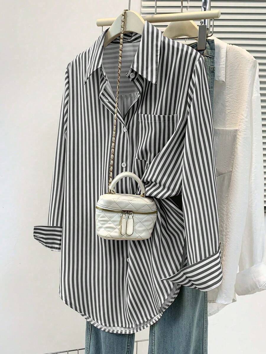 Women's Casual Basic Striped Pointed Collar Long Sleeve Shirt Blouse With Button Pockets, Suitable For Daily Office Wear, Autumn/Winter/Spring