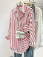 Women's Casual Basic Striped Pointed Collar Long Sleeve Shirt Blouse With Button Pockets, Suitable For Daily Office Wear, Autumn/Winter/Spring