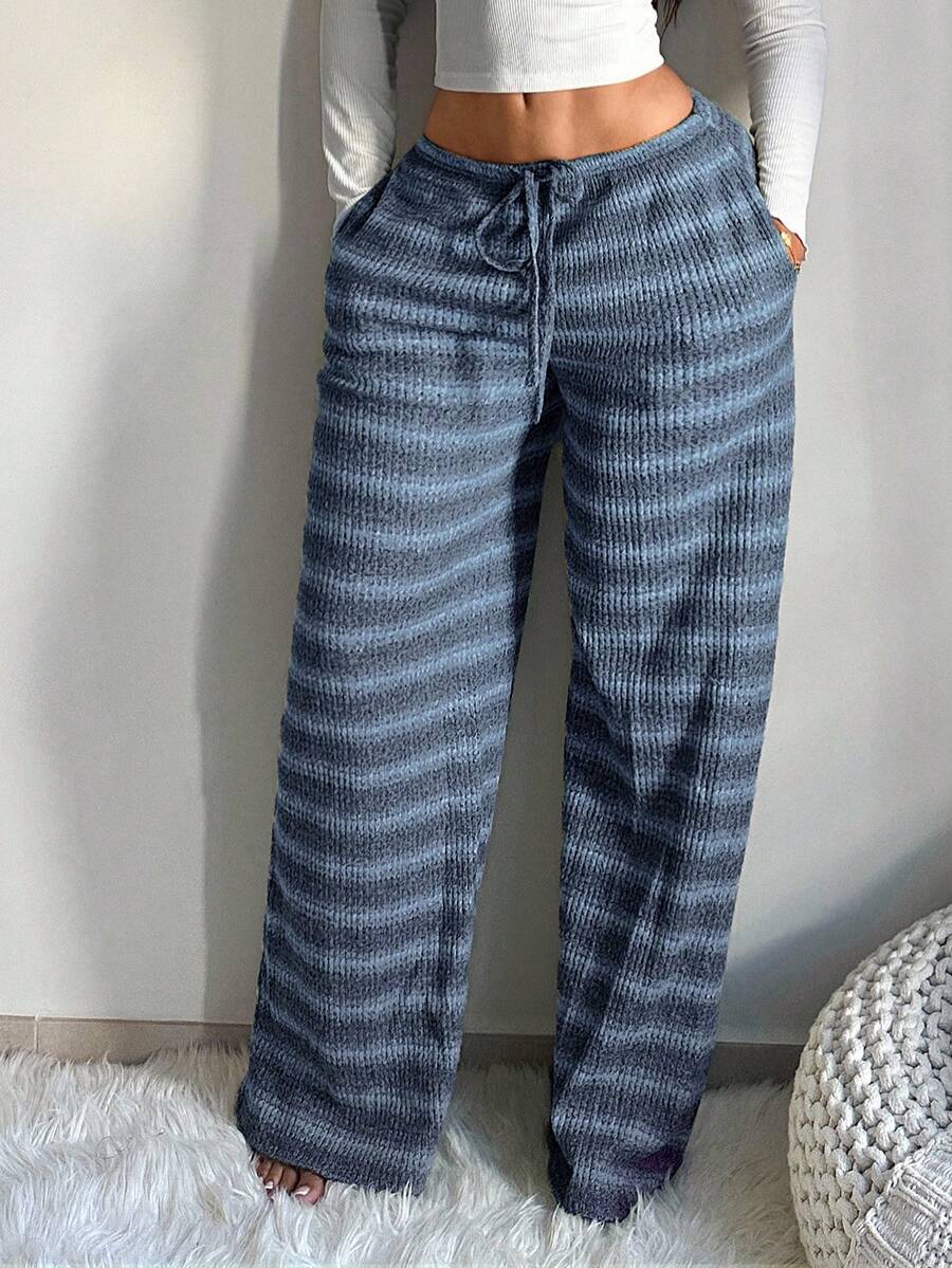 SHEIN SXY Women's Comfortable Casual Simple Low Waist Drawstring Wide Leg Pants Striped Pants Set Comfy Pants Set Women Lounge Pants Set