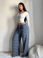 SHEIN SXY Women's Comfortable Casual Simple Low Waist Drawstring Wide Leg Pants Striped Pants Set Comfy Pants Set Women Lounge Pants Set