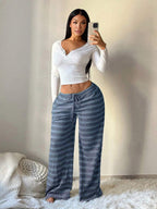 SHEIN SXY Women's Comfortable Casual Simple Low Waist Drawstring Wide Leg Pants Striped Pants Set Comfy Pants Set Women Lounge Pants Set