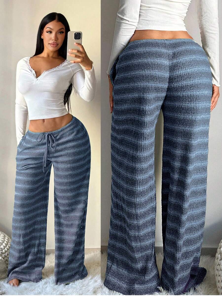 SHEIN SXY Women's Comfortable Casual Simple Low Waist Drawstring Wide Leg Pants Striped Pants Set Comfy Pants Set Women Lounge Pants Set