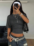 Coolane Women's Summer Minimalist Y2K Basic Daily Wear Casual Back To School Streetwear Stretchy Navy Blue Loose Ruched Crop Tees