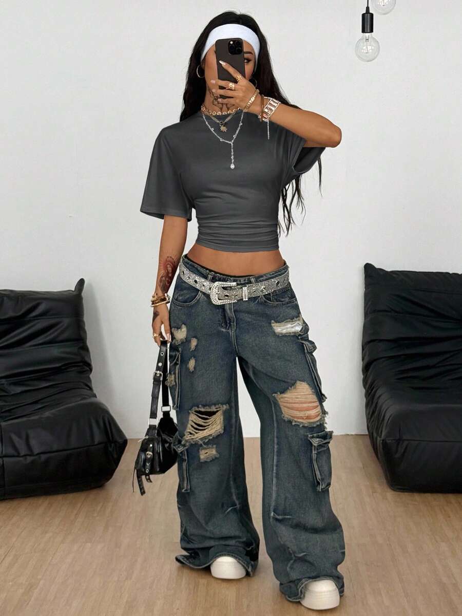 Coolane Women's Summer Minimalist Y2K Basic Daily Wear Casual Back To School Streetwear Stretchy Navy Blue Loose Ruched Crop Tees