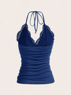 ROMWE PUNK Contrast Lace Ruched Halter Top