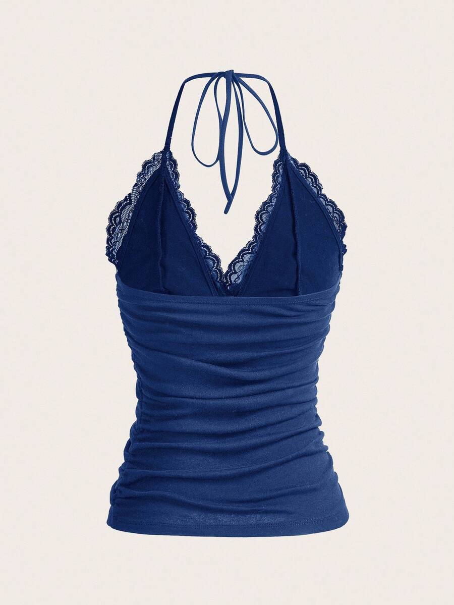 ROMWE PUNK Contrast Lace Ruched Halter Top
