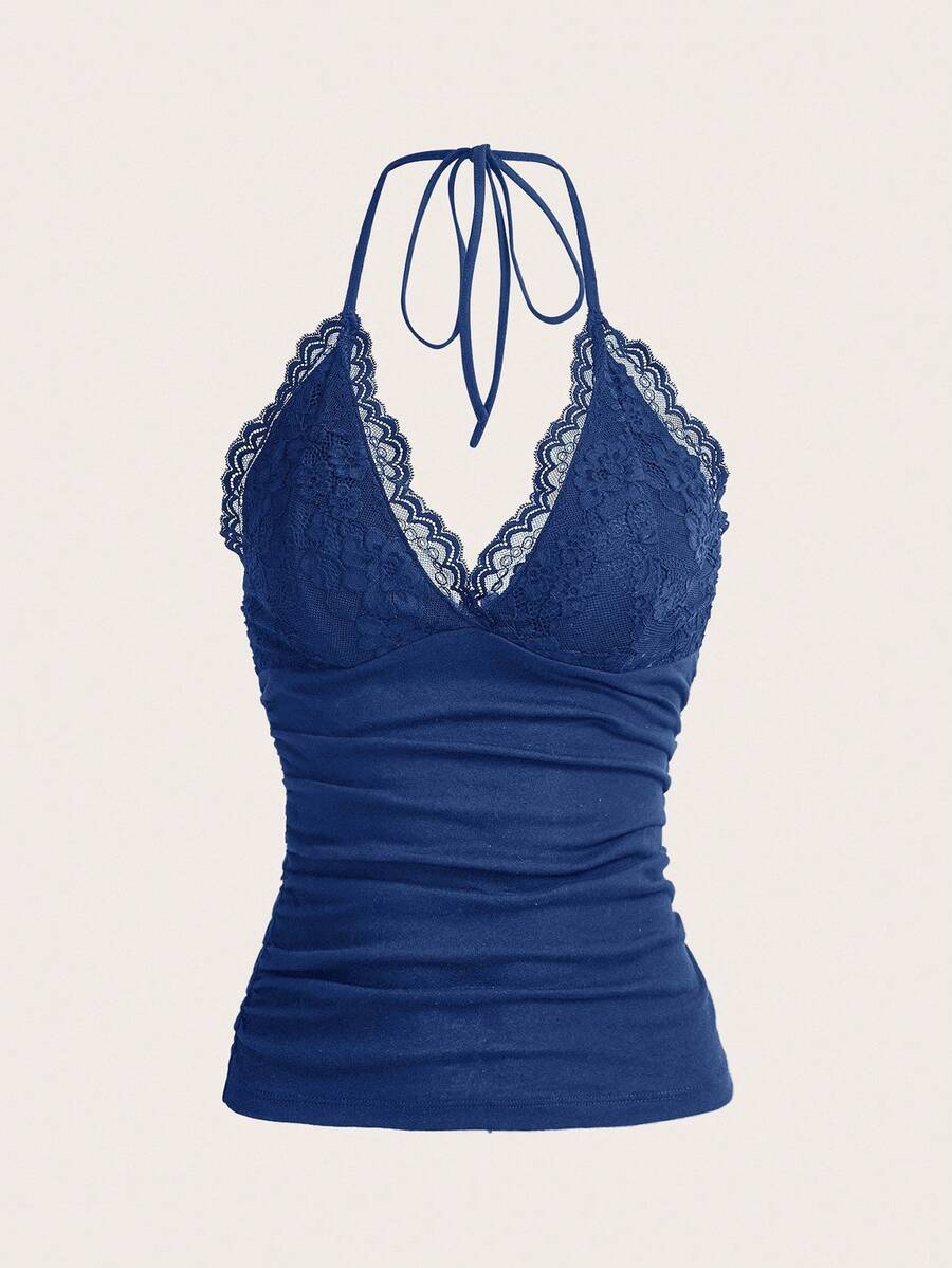 ROMWE PUNK Contrast Lace Ruched Halter Top