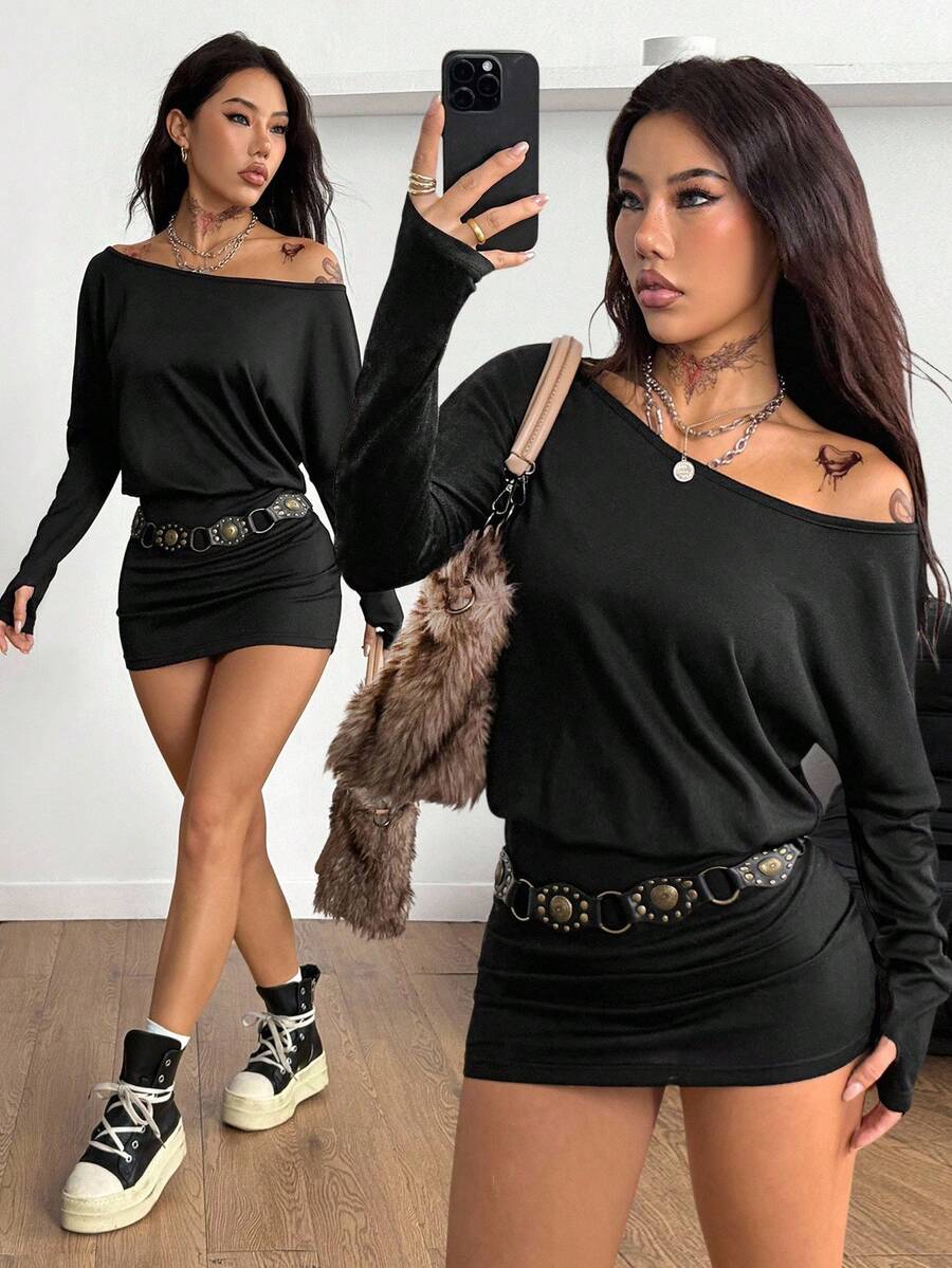 Coolane Women's Fall Y2K Basic Daily Wear Casual Black Knit Asymmetrical Shoulder Batwing Sleeve Beltless Mini Dress