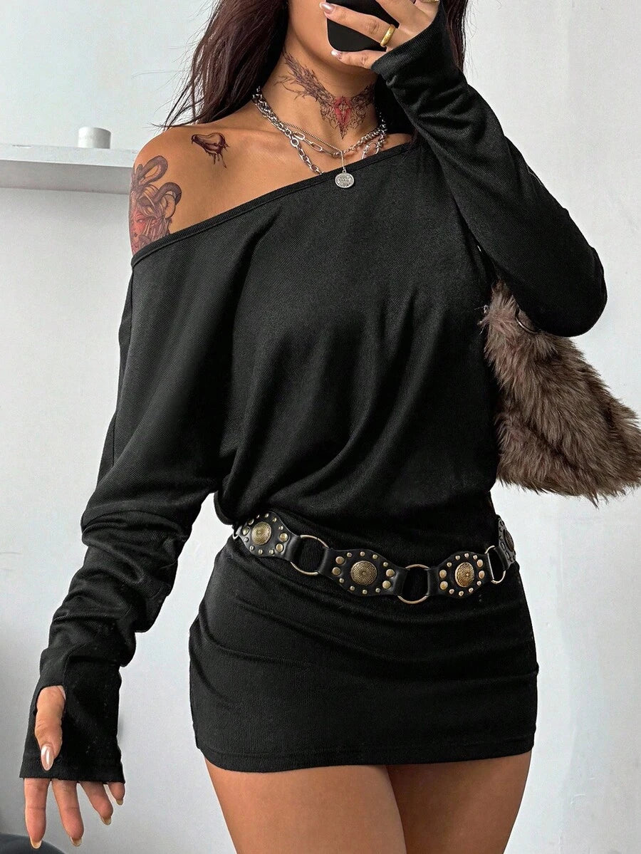 Coolane Women's Fall Y2K Basic Daily Wear Casual Black Knit Asymmetrical Shoulder Batwing Sleeve Beltless Mini Dress