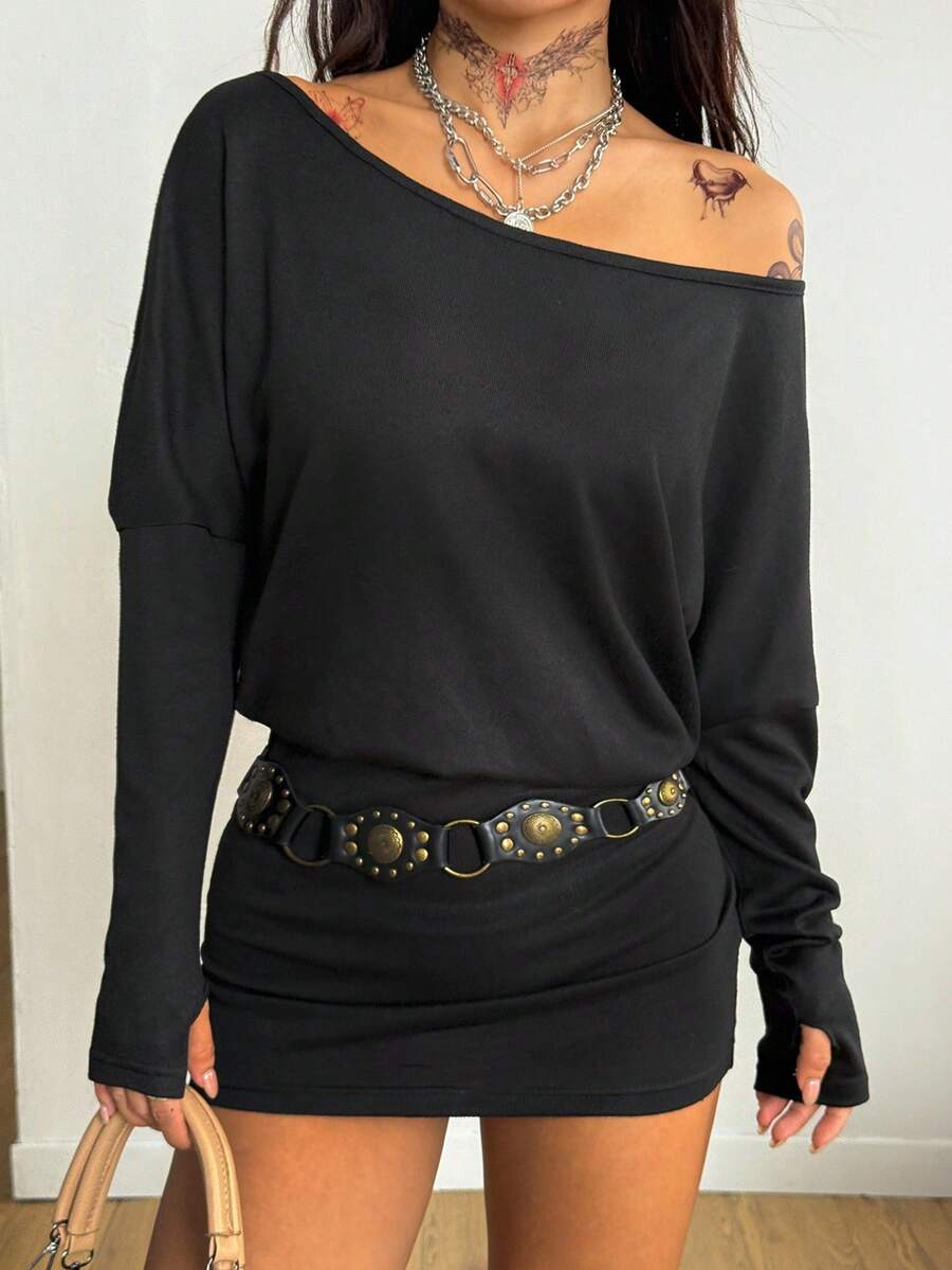 Coolane Women's Fall Y2K Basic Daily Wear Casual Black Knit Asymmetrical Shoulder Batwing Sleeve Beltless Mini Dress