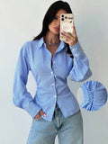 Firerie Women's Blue And White Striped Long Sleeve Shirt, Tie-Waist Shirt, Casual Commuter Shirt, Vacation Shirt, Cinched Waist Striped Shirt, Suitable For Spring, Summer, Autumn And Winter, Elegant, Vacation, Bohemian, Work Attire