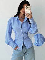 Firerie Women's Blue And White Striped Long Sleeve Shirt, Tie-Waist Shirt, Casual Commuter Shirt, Vacation Shirt, Cinched Waist Striped Shirt, Suitable For Spring, Summer, Autumn And Winter, Elegant, Vacation, Bohemian, Work Attire
