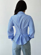 Firerie Women's Blue And White Striped Long Sleeve Shirt, Tie-Waist Shirt, Casual Commuter Shirt, Vacation Shirt, Cinched Waist Striped Shirt, Suitable For Spring, Summer, Autumn And Winter, Elegant, Vacation, Bohemian, Work Attire