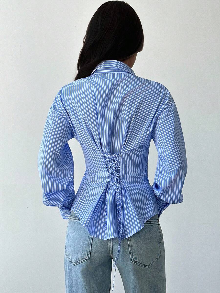Firerie Women's Blue And White Striped Long Sleeve Shirt, Tie-Waist Shirt, Casual Commuter Shirt, Vacation Shirt, Cinched Waist Striped Shirt, Suitable For Spring, Summer, Autumn And Winter, Elegant, Vacation, Bohemian, Work Attire