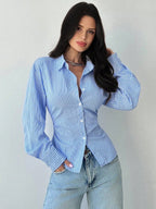 Firerie Women's Blue And White Striped Long Sleeve Shirt, Tie-Waist Shirt, Casual Commuter Shirt, Vacation Shirt, Cinched Waist Striped Shirt, Suitable For Spring, Summer, Autumn And Winter, Elegant, Vacation, Bohemian, Work Attire