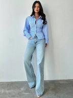 Firerie Women's Blue And White Striped Long Sleeve Shirt, Tie-Waist Shirt, Casual Commuter Shirt, Vacation Shirt, Cinched Waist Striped Shirt, Suitable For Spring, Summer, Autumn And Winter, Elegant, Vacation, Bohemian, Work Attire
