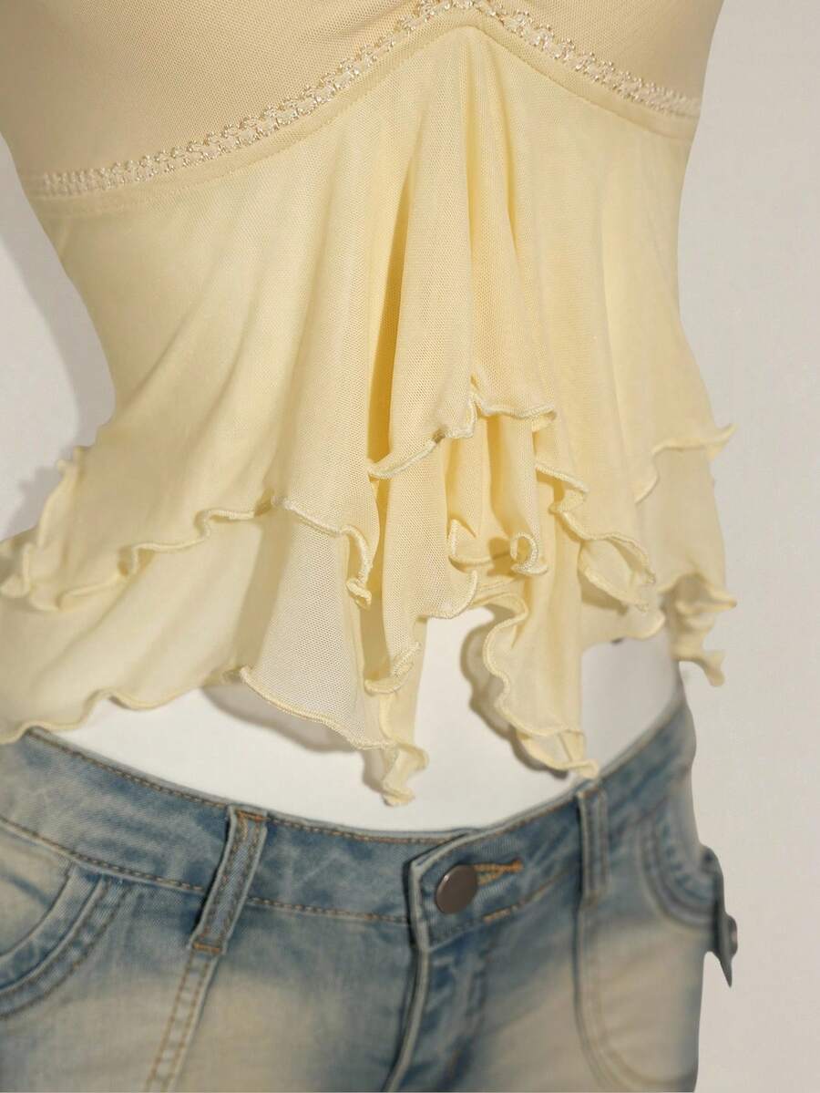SHEIN ICON Women Ruched Front Slim-Fit Sexy Mesh Patchwork Tie Back Flutter Sleeveless Cami Top, Casual Vacation Top Ruffle Top