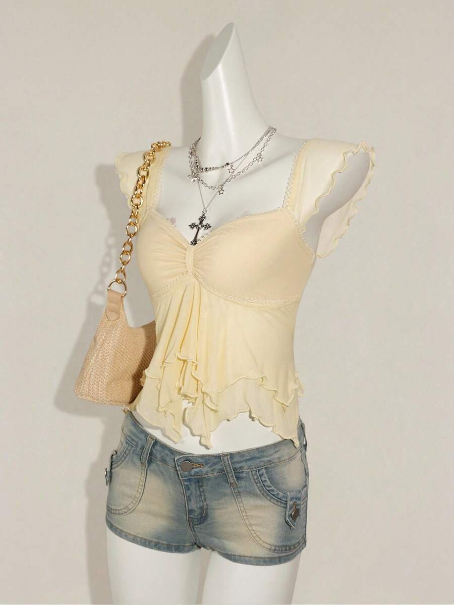 SHEIN ICON Women Ruched Front Slim-Fit Sexy Mesh Patchwork Tie Back Flutter Sleeveless Cami Top, Casual Vacation Top Ruffle Top