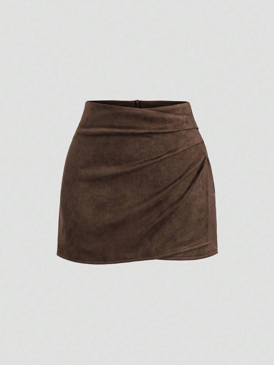 Sweetra Vintage Italian Style Maillard Color Pleated Bodycon Skirt, Sexy & Alluring For Autumn/Winter