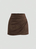 Sweetra Vintage Italian Style Maillard Color Pleated Bodycon Skirt, Sexy & Alluring For Autumn/Winter