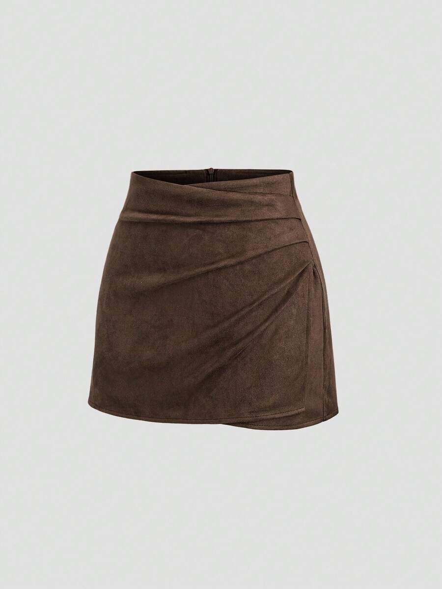 Sweetra Vintage Italian Style Maillard Color Pleated Bodycon Skirt, Sexy & Alluring For Autumn/Winter
