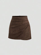 Sweetra Vintage Italian Style Maillard Color Pleated Bodycon Skirt, Sexy & Alluring For Autumn/Winter