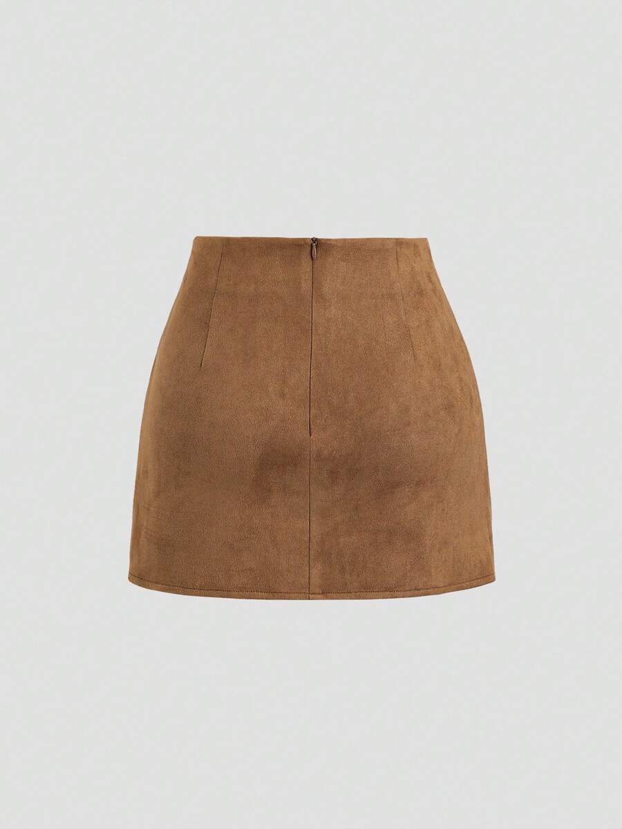 Sweetra Vintage Italian Style Maillard Color Pleated Bodycon Skirt, Sexy & Alluring For Autumn/Winter
