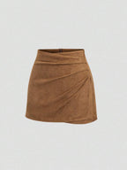 Sweetra Vintage Italian Style Maillard Color Pleated Bodycon Skirt, Sexy & Alluring For Autumn/Winter