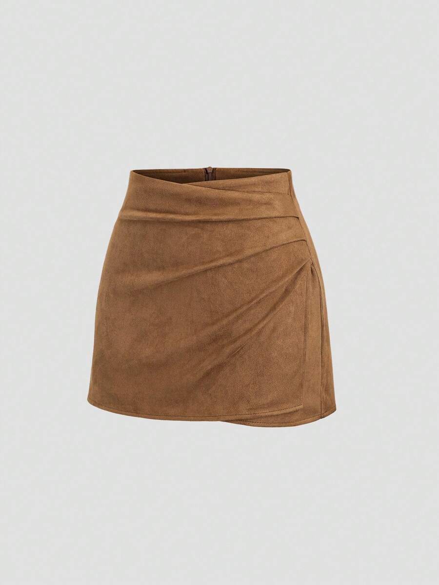 Sweetra Vintage Italian Style Maillard Color Pleated Bodycon Skirt, Sexy & Alluring For Autumn/Winter