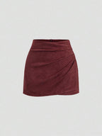 Sweetra Vintage Italian Style Maillard Color Pleated Bodycon Skirt, Sexy & Alluring For Autumn/Winter
