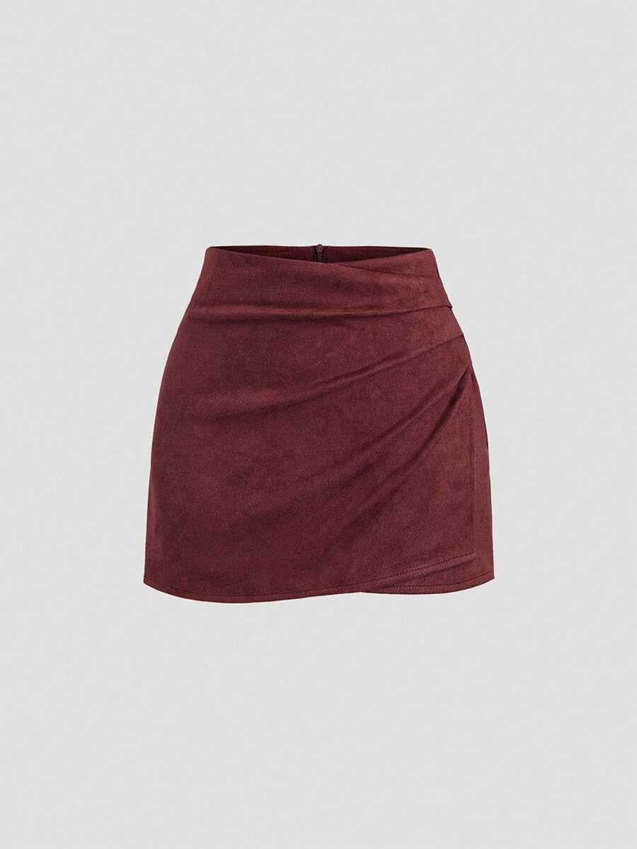 Sweetra Vintage Italian Style Maillard Color Pleated Bodycon Skirt, Sexy & Alluring For Autumn/Winter