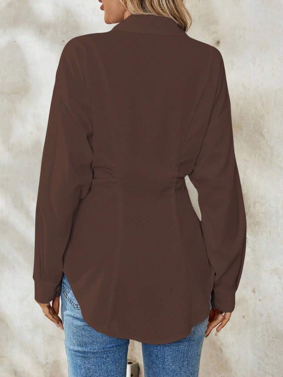 Airlisse Women's French Elegant Casual Cinched Waist Ruched Long Sleeve White Blouse, Suitable For Work And School