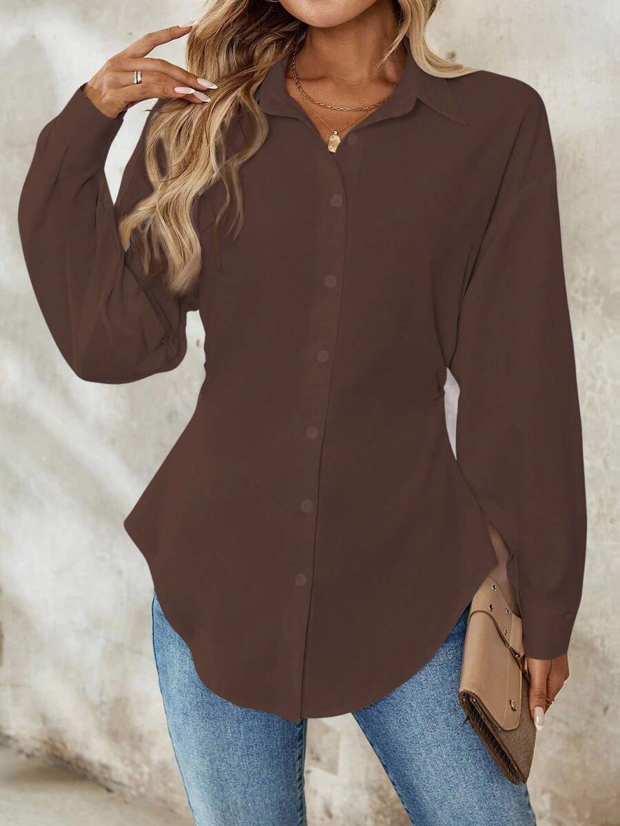 Airlisse Women's French Elegant Casual Cinched Waist Ruched Long Sleeve White Blouse, Suitable For Work And School