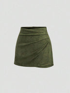 Sweetra Vintage Italian Style Maillard Color Pleated Bodycon Skirt, Sexy & Alluring For Autumn/Winter