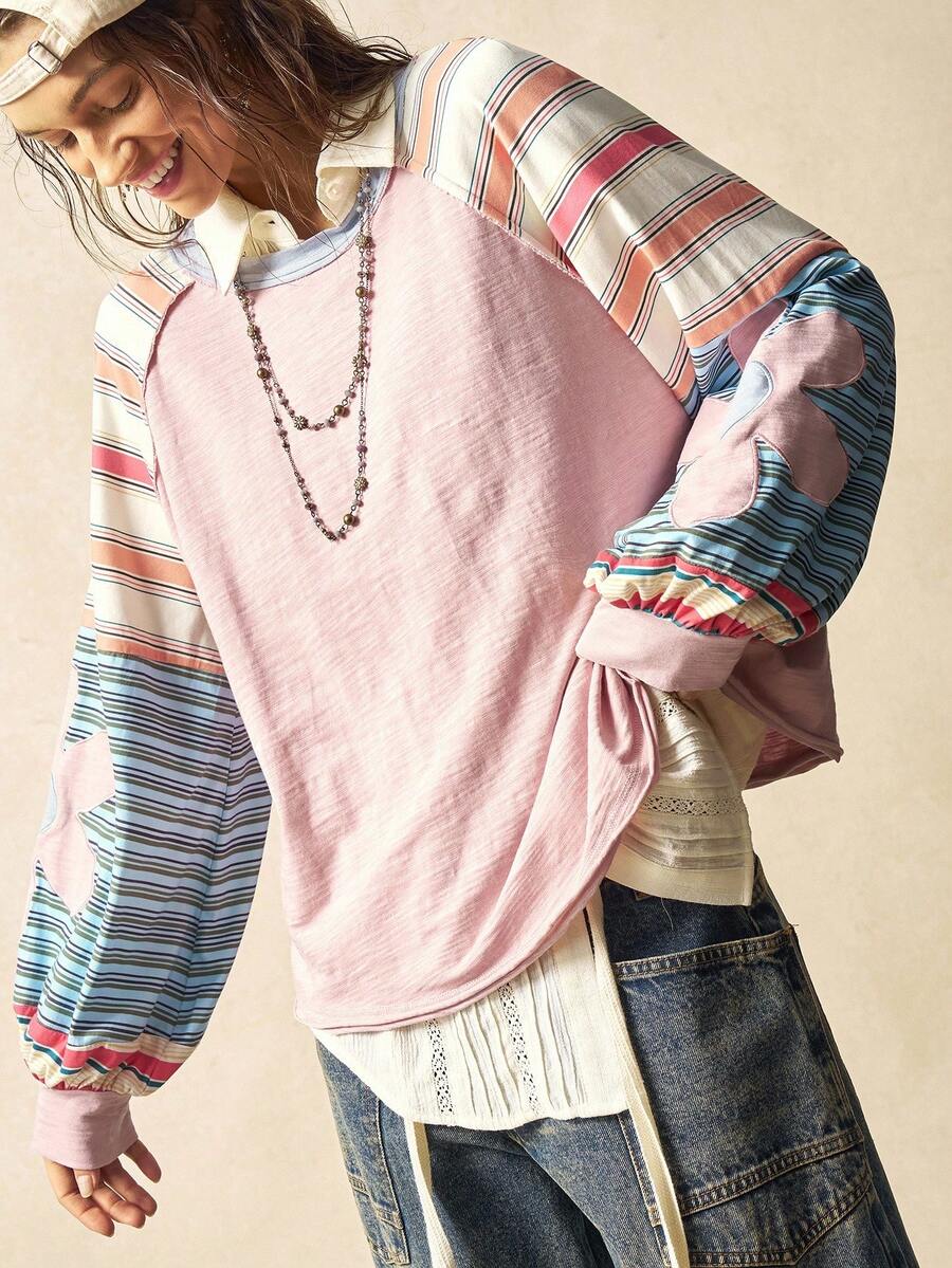 Bohemela Casual Knit Color Block Round Neck Loose Fit Long Sleeve Sweatshirt For Women In Fall/Winter