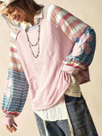 Bohemela Casual Knit Color Block Round Neck Loose Fit Long Sleeve Sweatshirt For Women In Fall/Winter