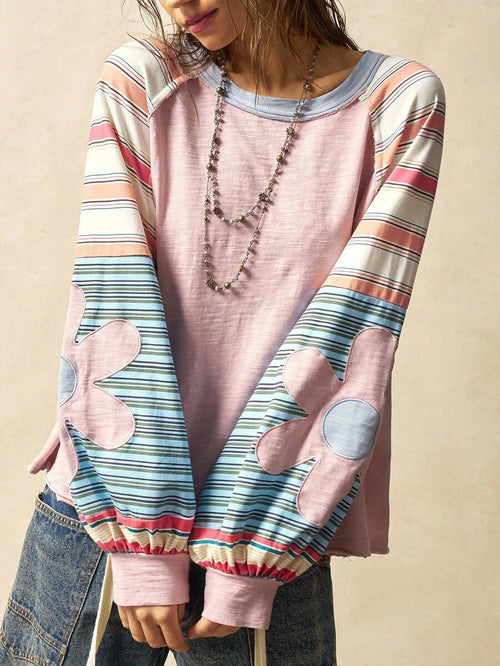 Bohemela Casual Knit Color Block Round Neck Loose Fit Long Sleeve Sweatshirt For Women In Fall/Winter
