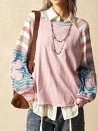 Bohemela Casual Knit Color Block Round Neck Loose Fit Long Sleeve Sweatshirt For Women In Fall/Winter