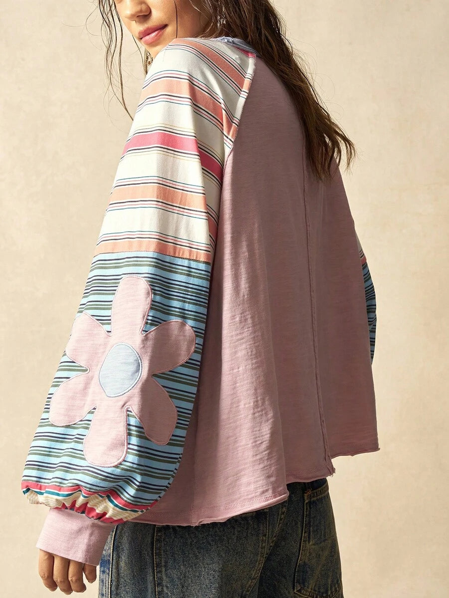 Bohemela Casual Knit Color Block Round Neck Loose Fit Long Sleeve Sweatshirt For Women In Fall/Winter
