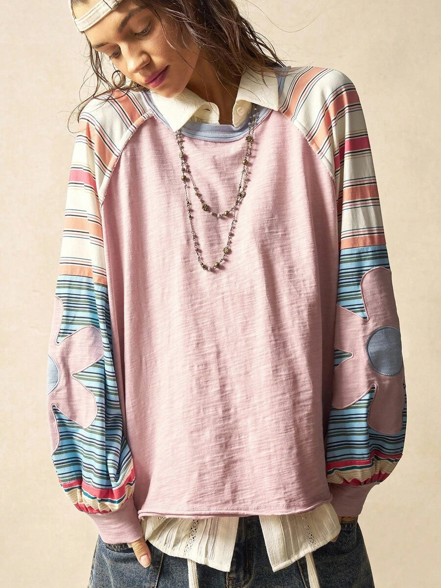 Bohemela Casual Knit Color Block Round Neck Loose Fit Long Sleeve Sweatshirt For Women In Fall/Winter