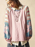 Bohemela Casual Knit Color Block Round Neck Loose Fit Long Sleeve Sweatshirt For Women In Fall/Winter