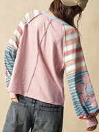 Bohemela Casual Knit Color Block Round Neck Loose Fit Long Sleeve Sweatshirt For Women In Fall/Winter