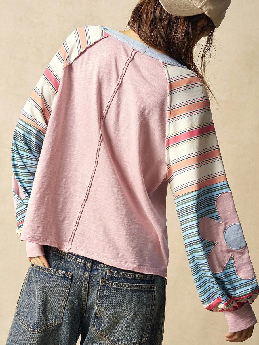 Bohemela Casual Knit Color Block Round Neck Loose Fit Long Sleeve Sweatshirt For Women In Fall/Winter