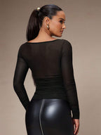 Silquee Women's Solid Color Plunging Neck Long Sleeve Fitted Fashionable Mesh Blouse See Through Top Mesh Top Top Long Sleeve Top