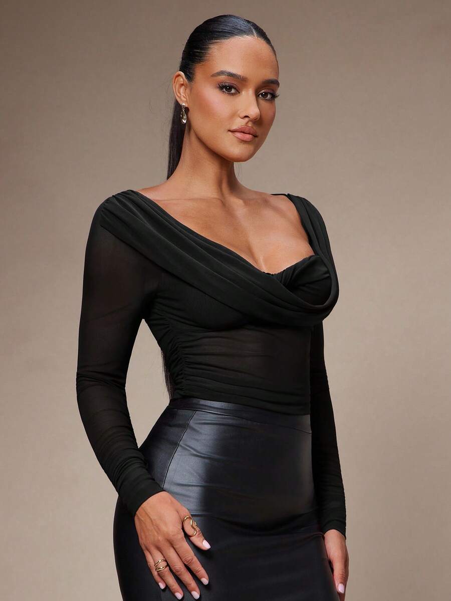 Silquee Women's Solid Color Plunging Neck Long Sleeve Fitted Fashionable Mesh Blouse See Through Top Mesh Top Top Long Sleeve Top