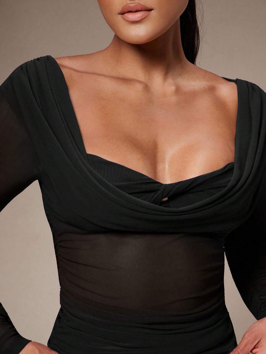 Silquee Women's Solid Color Plunging Neck Long Sleeve Fitted Fashionable Mesh Blouse See Through Top Mesh Top Top Long Sleeve Top