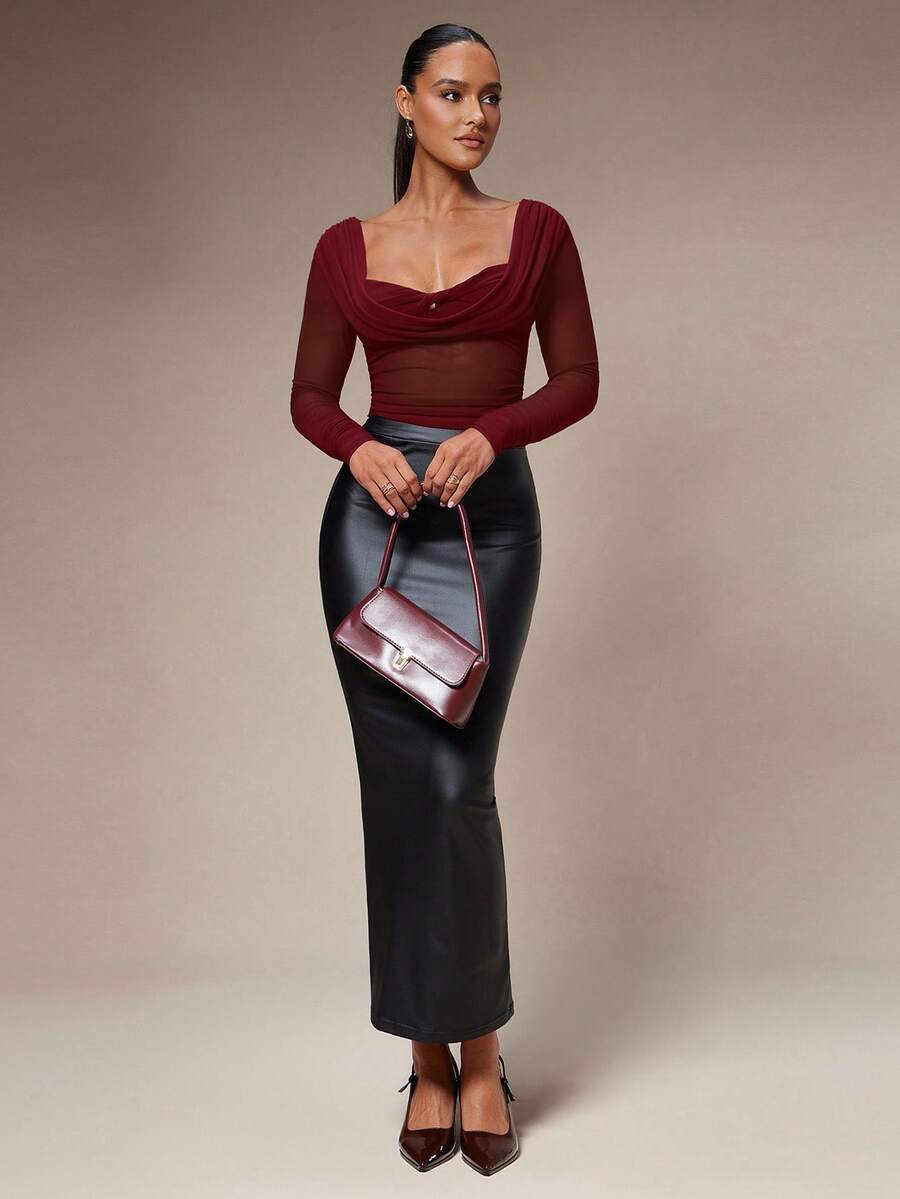 Silquee Women's Solid Color Plunging Neck Long Sleeve Fitted Fashionable Mesh Blouse See Through Top Mesh Top Top Long Sleeve Top