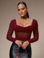 Silquee Women's Solid Color Plunging Neck Long Sleeve Fitted Fashionable Mesh Blouse See Through Top Mesh Top Top Long Sleeve Top