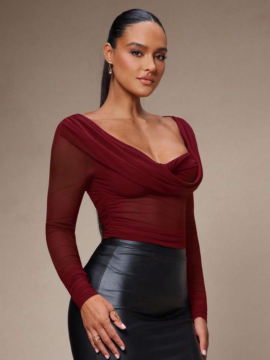 Silquee Women's Solid Color Plunging Neck Long Sleeve Fitted Fashionable Mesh Blouse See Through Top Mesh Top Top Long Sleeve Top
